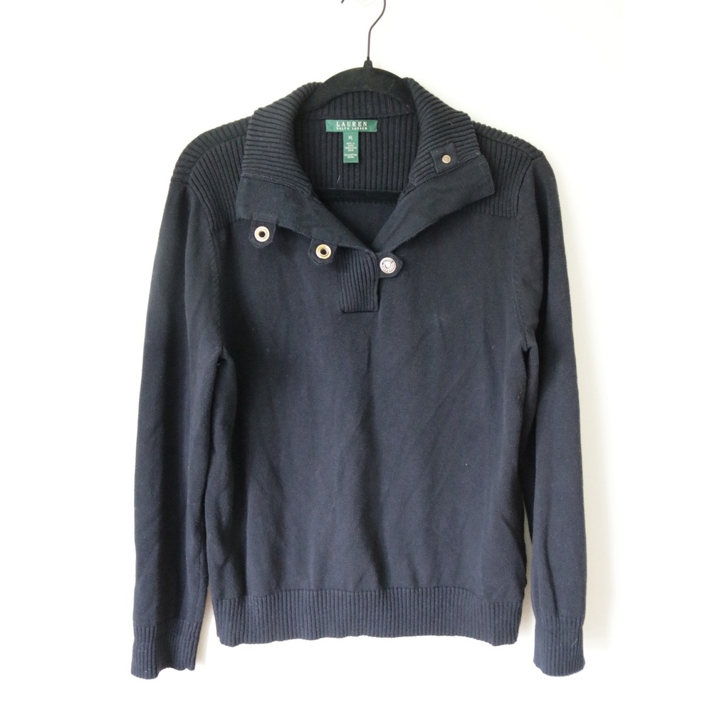 Lauren Ralph Lauren Black Cotton Mock Neck Button Sweater‎ XL Ribbed Knit - Picture 4 of 8
